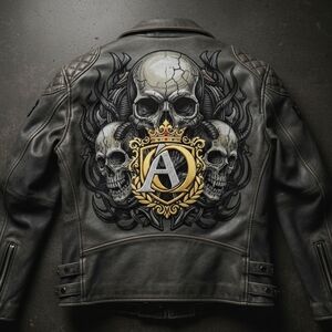 AO Black Leather Jacket with Skull Design